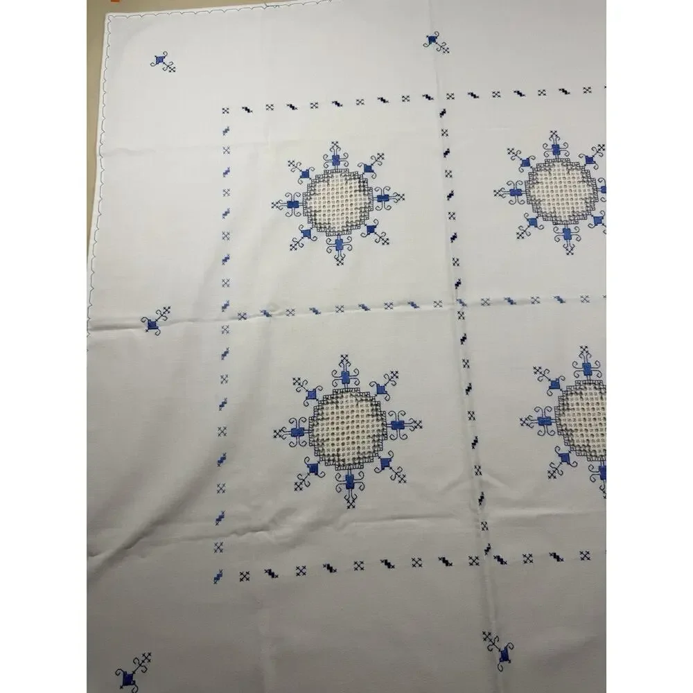 Antique Handmade Table Cloth Topper 40x40 Embroidery Cutwork Linen Blue on white